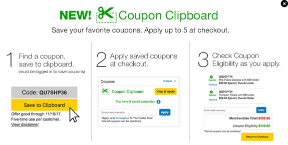 Infographic showing steps to use coupon clipboard for saving and applying coupons at checkout.