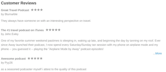 Customer reviews of travel podcasts with ratings and feedback.