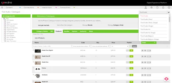CoreDNA product catalogue interface displaying Tivoli Audio products.