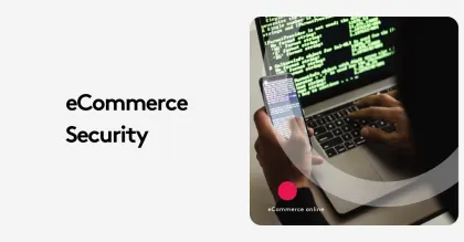Person holding phone with coding display, typing on laptop, text ecommerce security.