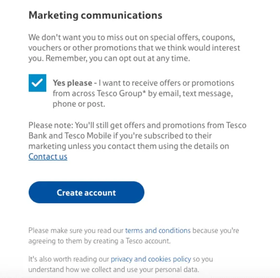 Tesco marketing communication consent form with create account button.
