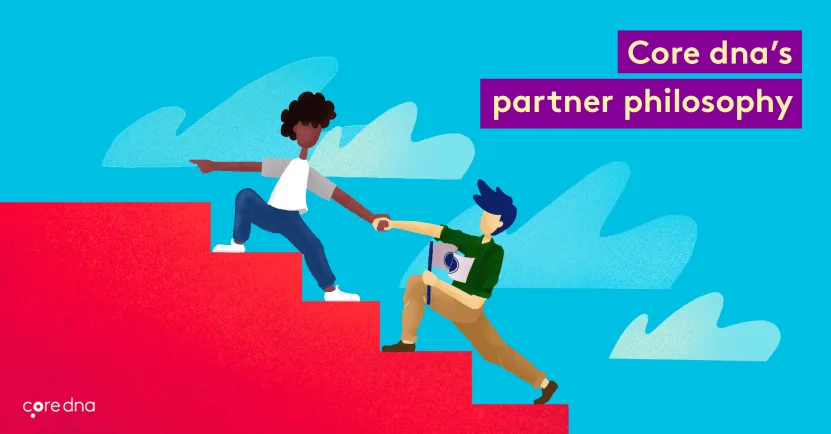Illustration of two people helping each other with Core dna partner philosophy text.