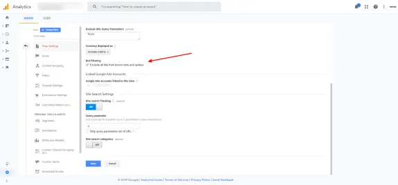 Google Analytics admin settings showing bot filtering option highlighted.