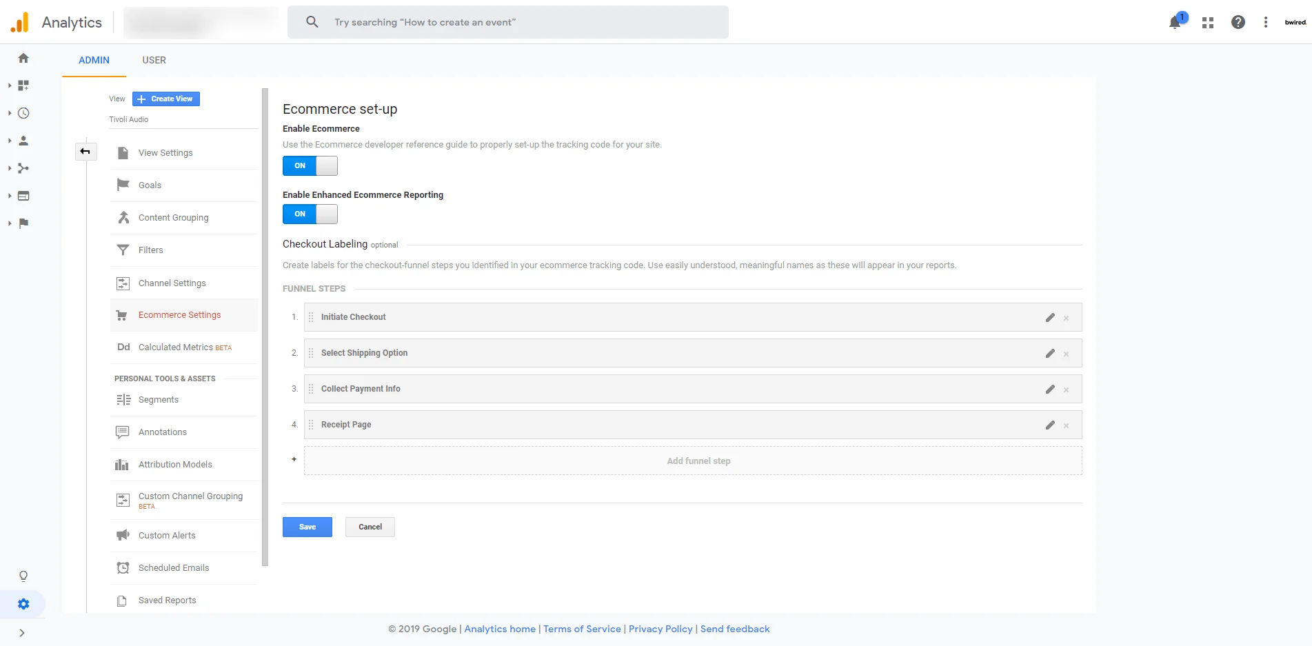 Google Analytics ecommerce setup screen showing funnel steps and settings options.