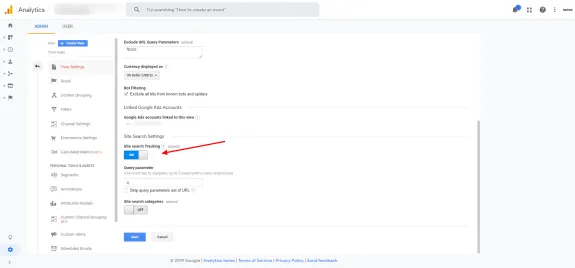 Google Analytics site search tracking settings with options for URL parameters and search categories.