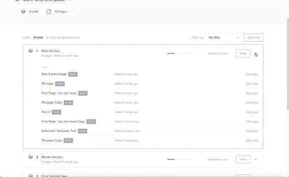 Dashboard showing draft pages in a content management system.
