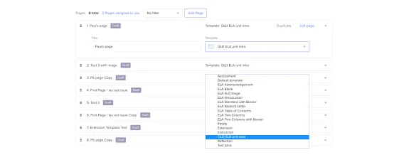 Webpage interface showing draft page list and template selection dropdown.