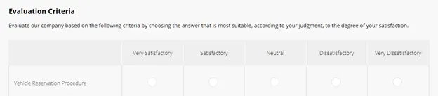 Evaluation criteria form for vehicle reservation with satisfaction scale.