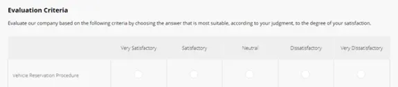 Evaluation criteria form for vehicle reservation with satisfaction scale.