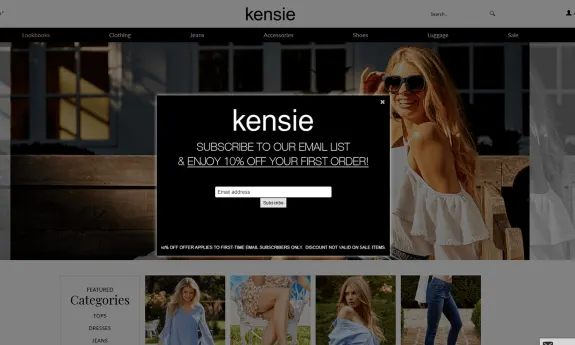 Kensie website popup offering 10% off for email subscription