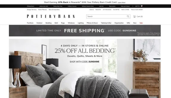 Pottery Barn bedding sale promotion offering 25% off with code SUNSHINE.