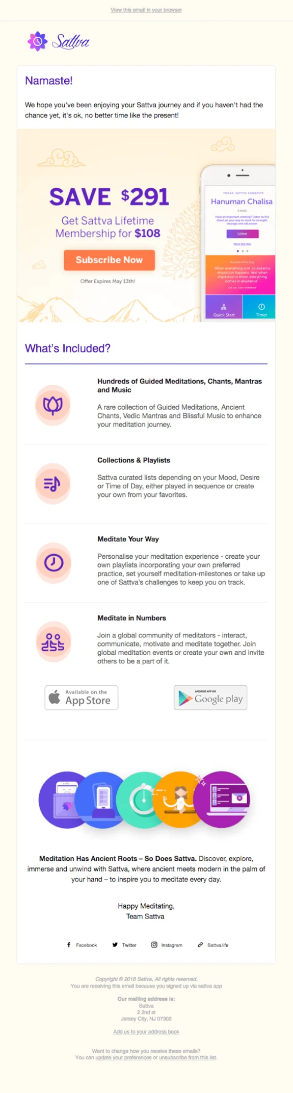 Email showcasing Sattva lifetime membership offer and meditation features.