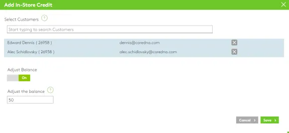 Add in-store credit interface showing customer selection and balance adjustment options.
