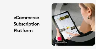 Person browsing ecommerce subscription platform on tablet, text on left.