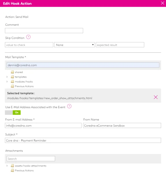 Screenshot of email hook action edit settings with fields for email template and sender details.