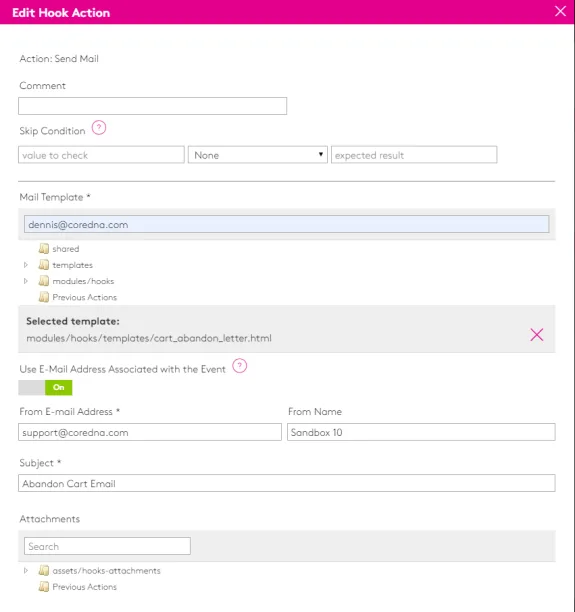 Email template editor interface showing setup for cart abandon email.