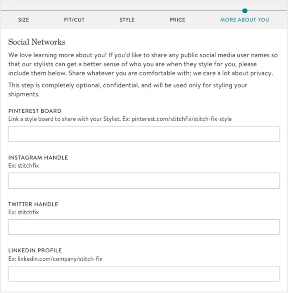 Form for sharing social network profiles with stylist, including Pinterest, Instagram, Twitter, LinkedIn.