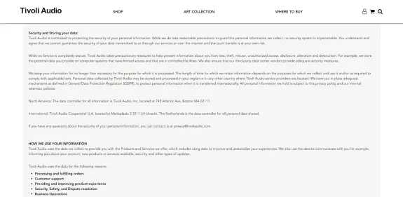 Tivoli Audio privacy policy page detailing data protection and usage information.