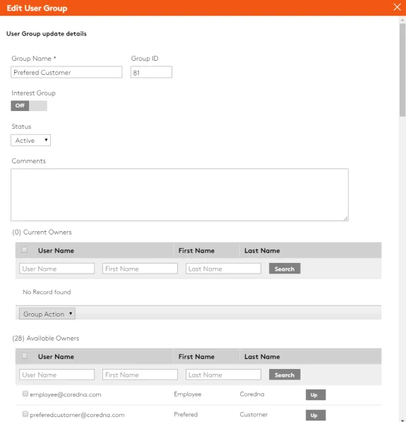 Edit user group interface for updating group details and owners.