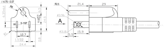 Technical diagram showing dimensions of a 5-15P electrical plug.