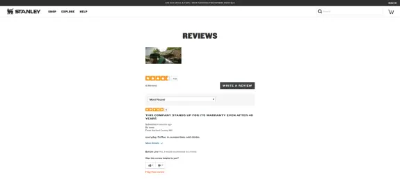 Stanley product review page showing a positive customer review and product image.
