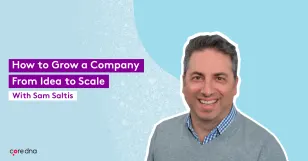 Man smiling with text 'How to Grow a Company From Idea to Scale' on a blue background.