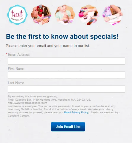 Email signup form for Treat Cupcake Bar with fields for email and name.