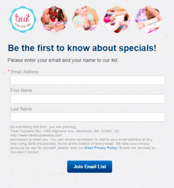 Email signup form for Treat Cupcake Bar with fields for email and name.