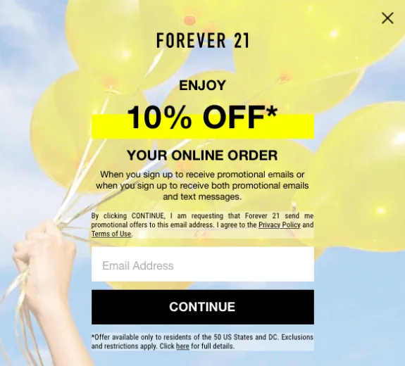 Forever 21 promo offering 10 percent off online order with yellow balloons background.