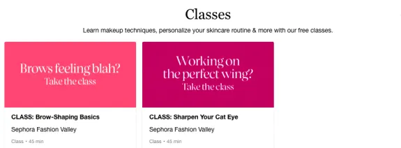 Image showing Sephora makeup classes for brow shaping and cat eye techniques.