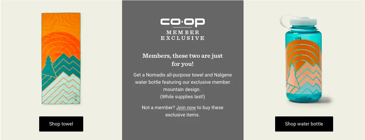 Member exclusive offer featuring towel and water bottle with mountain design.