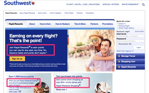 Southwest Airlines Rapid Rewards program webpage with earning points details and login options.