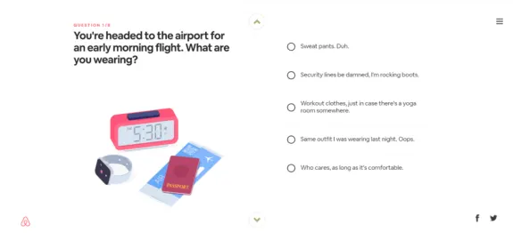 Airport early morning flight questionnaire with clothing choices and illustration of an alarm clock, passport, and boarding pass.