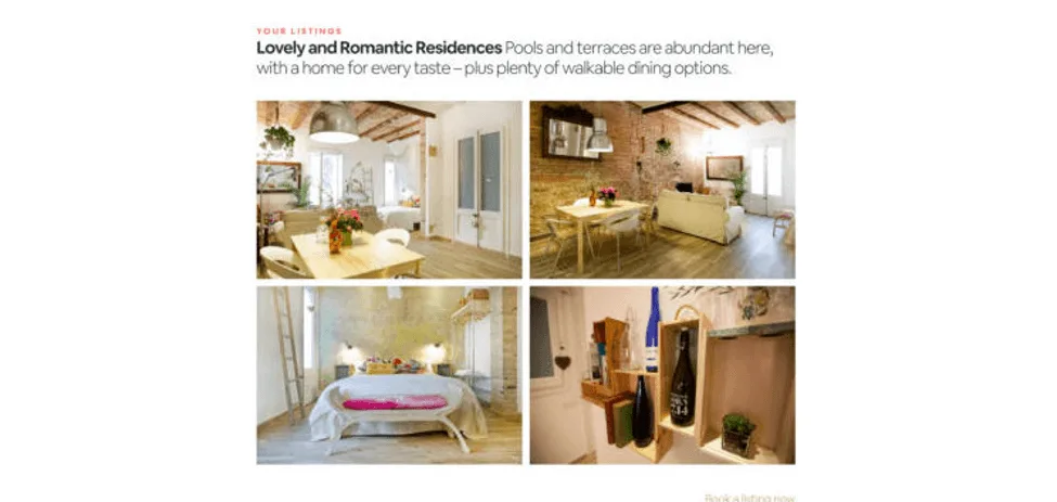 Collage of romantic residence interiors with dining area and bedroom.