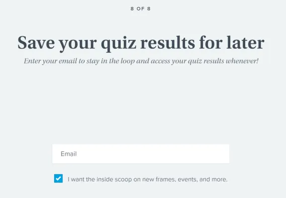 Quiz results email signup form with checkbox option