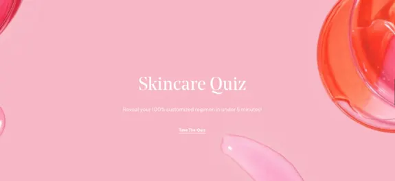 Skincare quiz invitation on pink background with skincare products.