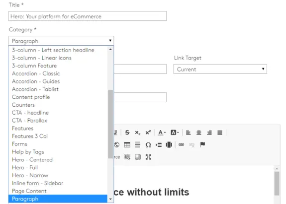 CMS interface showing category dropdown and text editor options.