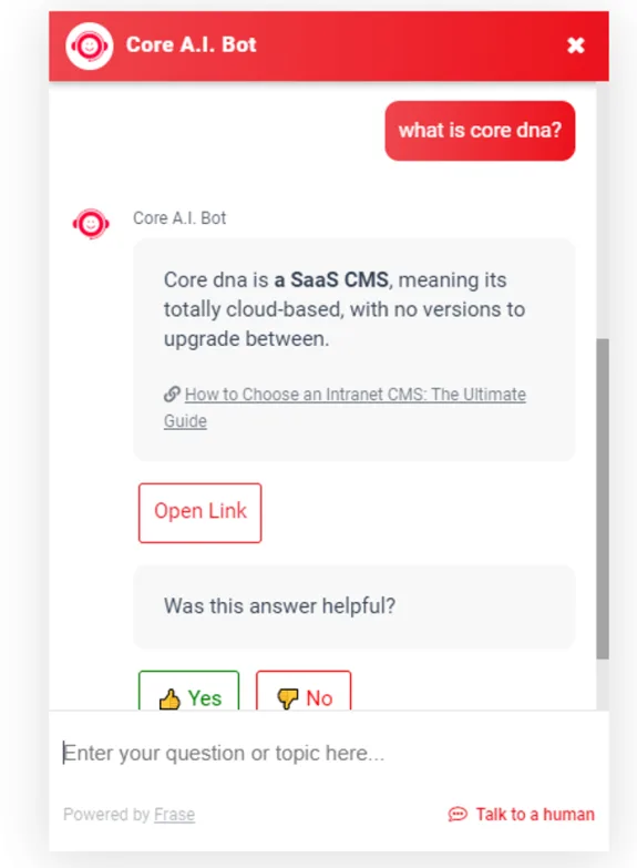 Screenshot of Core A.I. Bot explaining Core dna as a SaaS CMS, cloud-based with no upgrades.