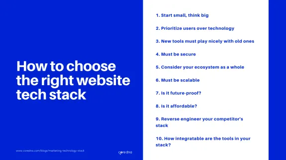 Guide on choosing the right website tech stack with 10 considerations on a blue and white background.