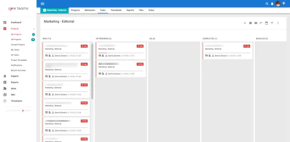 Project management dashboard displaying tasks for marketing editorial team.