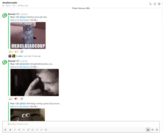 Screenshot of a Slack channel with users sharing GIFs and bonuses.
