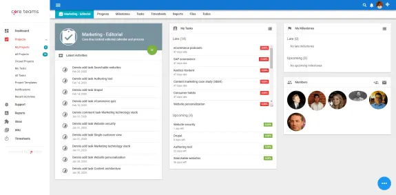 Project management dashboard showing tasks, progress, and team members.