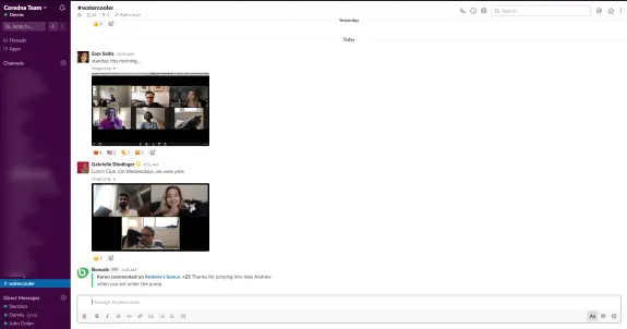 Slack channel showing video call meetings and chats in #watercooler.