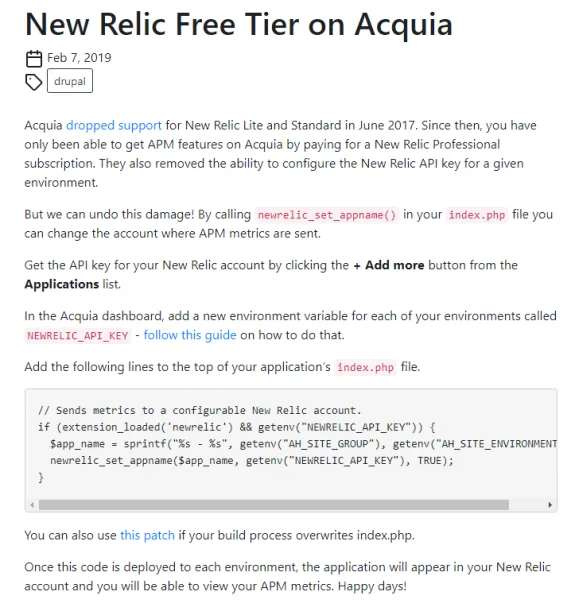 Instructions for setting up New Relic free tier on Acquia with code snippet