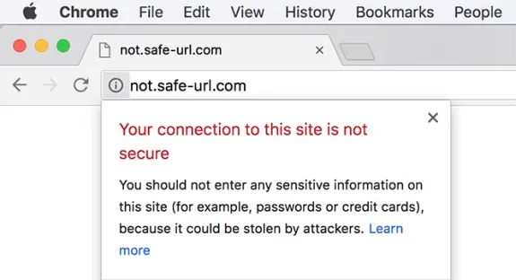 Browser security warning showing connection to site is not secure.