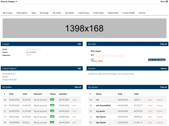 Dashboard interface showing user orders, quotes, contact details, and account info.