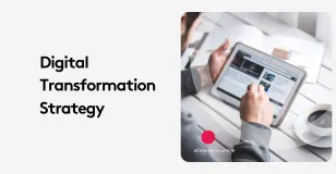 Person reading digital transformation strategy on tablet with coffee.