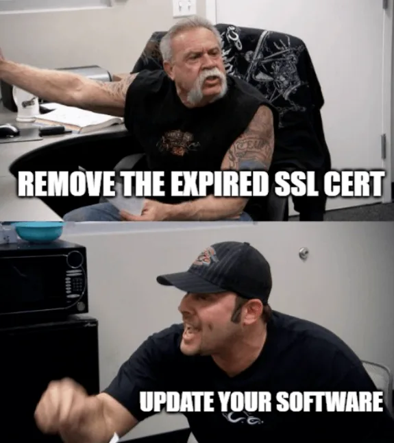 Two men arguing in an office with text about expired SSL certificate and software update.