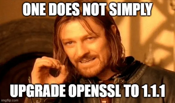 Meme with text 'One does not simply upgrade OpenSSL to 1.1.1' over an iconic scene.
