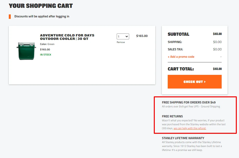 Shopping cart with Adventure Cold for Days green outdoor cooler, 30 quart size, priced at $165.